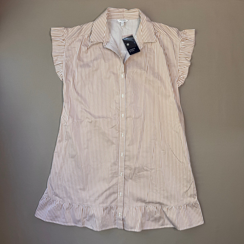 Crown & Ivy Womens Tan White Striped Ruffle Sleeve Button Down Shirt Dress L NWT